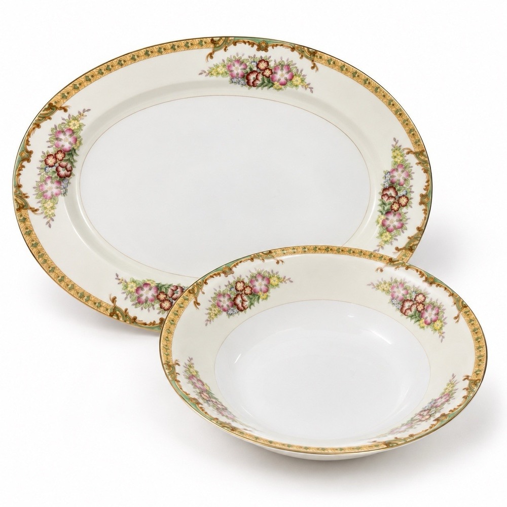 Vintage Diamond China Japan Hand Painted Floral Serving Bowl & Platter Set